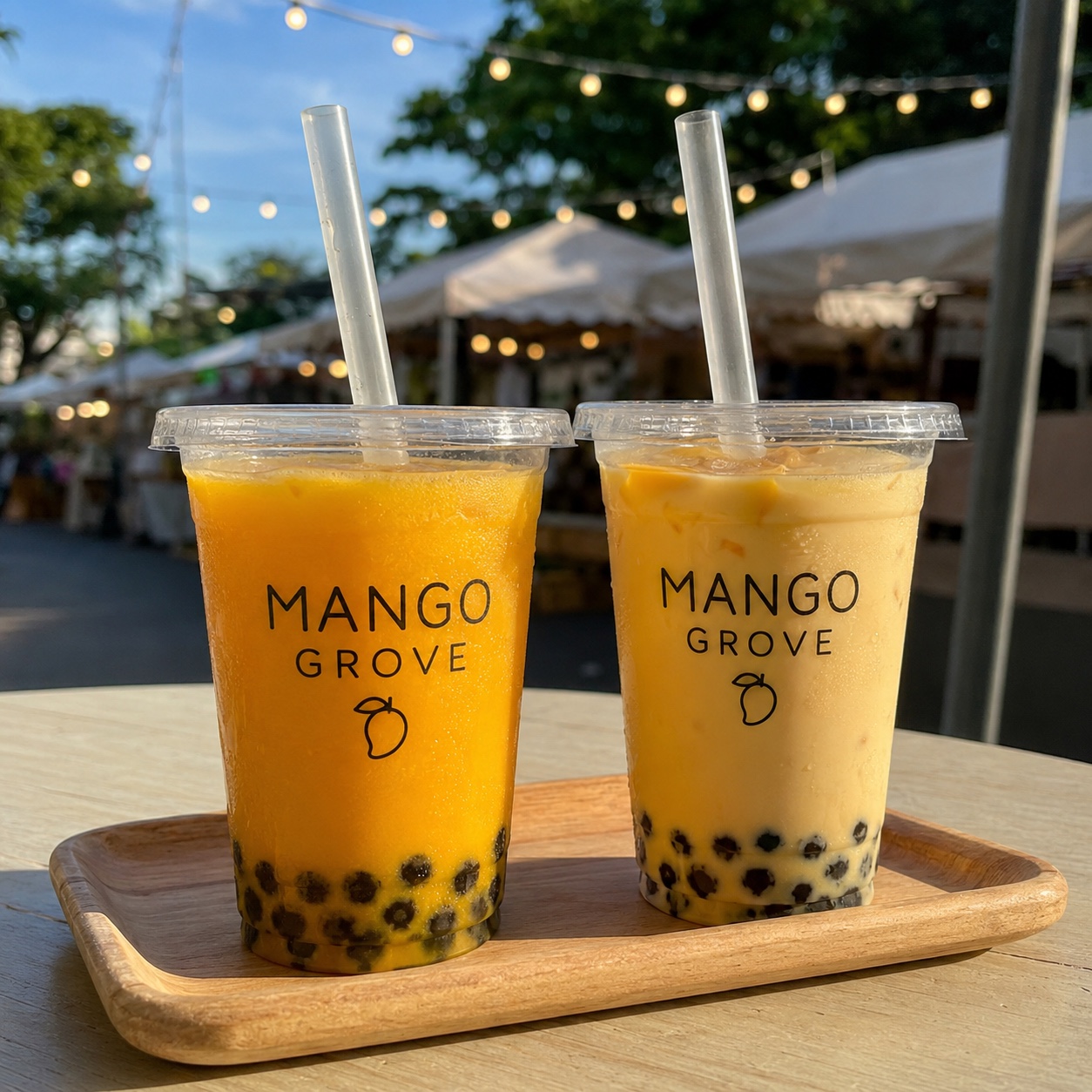 Logo boba cups on a serving tray — customer photo